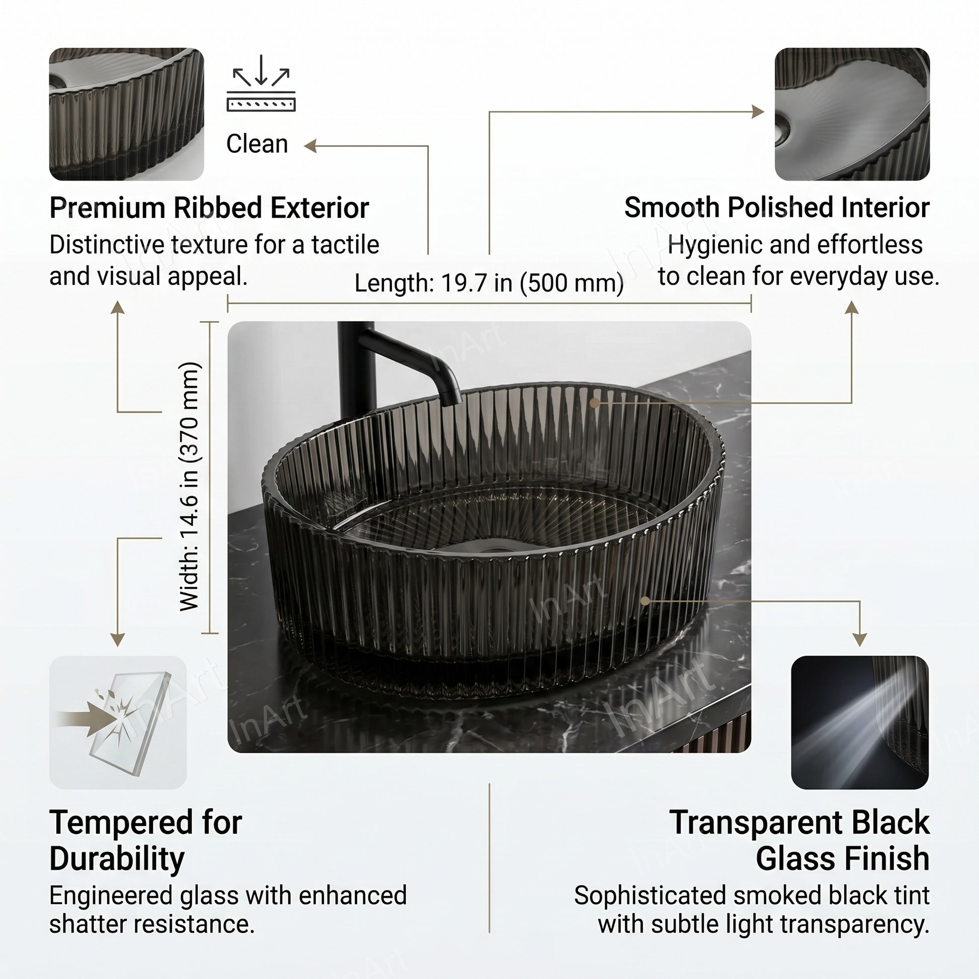 Side profile showing 14 cm height of oval table top basin in black glass