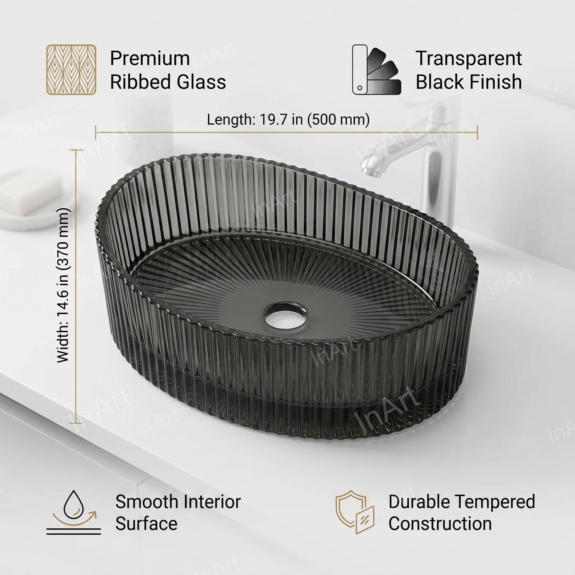 Over counter wash basin placement example with oval black glass basin