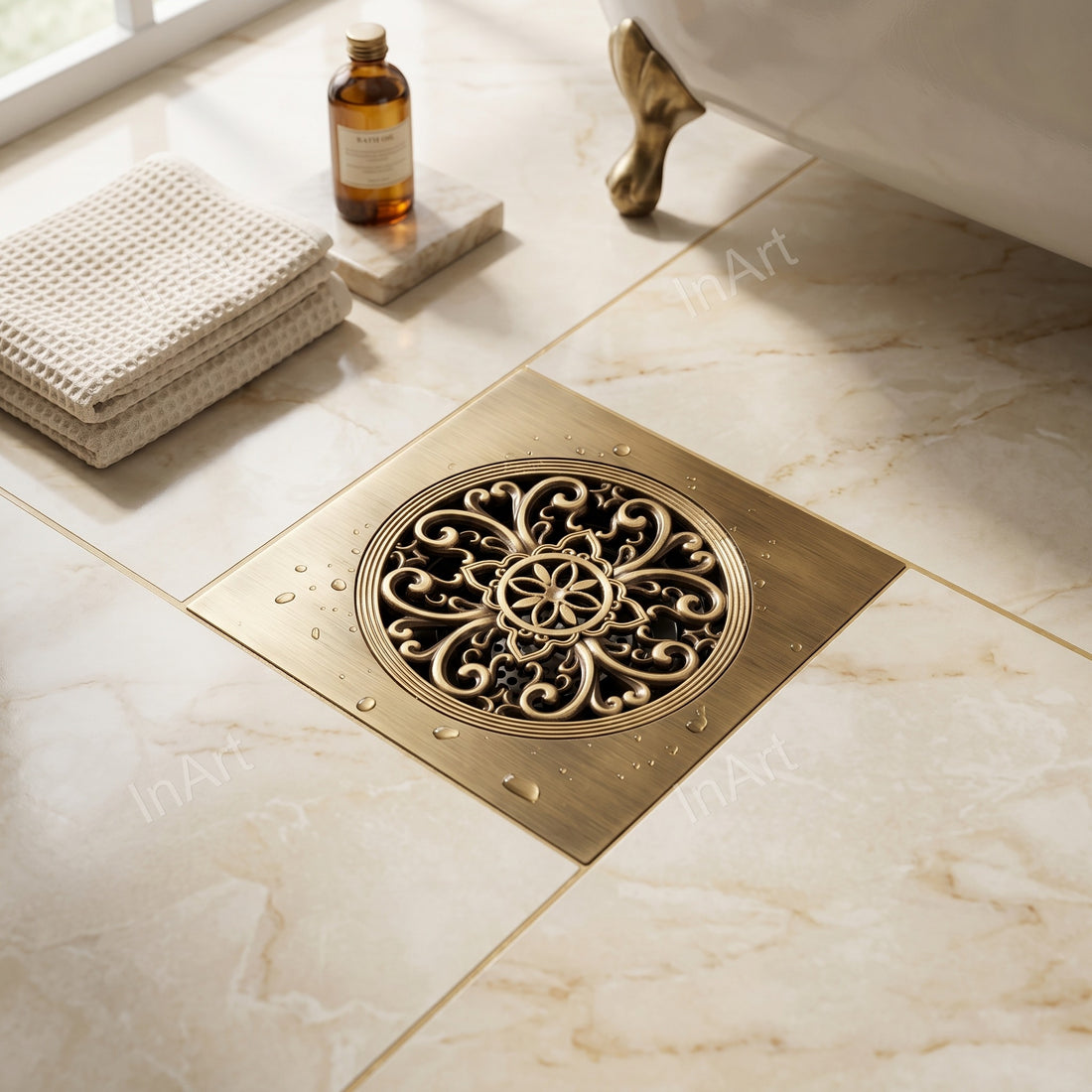 Square brass floor drain grating 6x6 inch in antique finish for bathroom floor