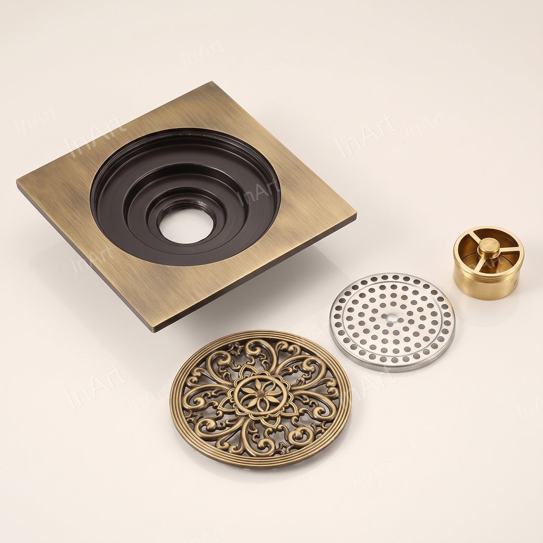 Square brass floor drain grating 6x6 inch in antique finish for bathroom floor
