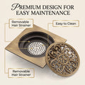 Angled view of square brass floor drainer suitable for tile or marble floors