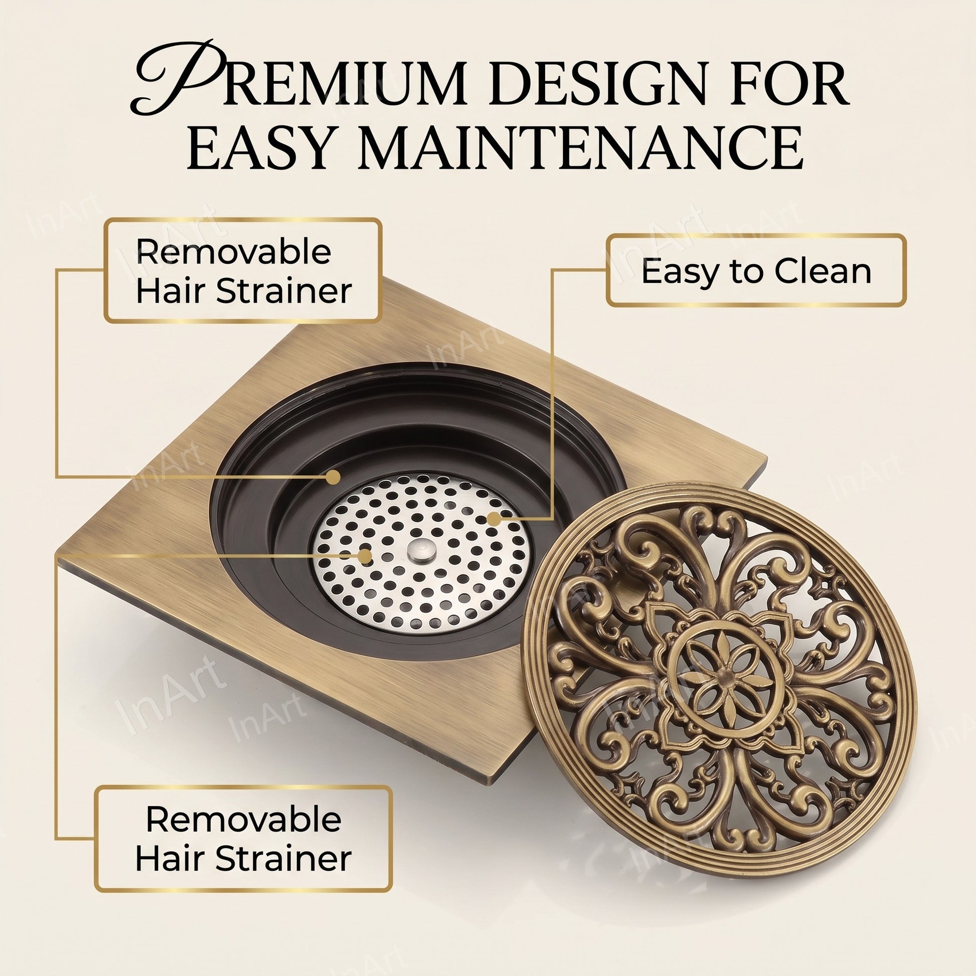 Angled view of square brass floor drainer suitable for tile or marble floors