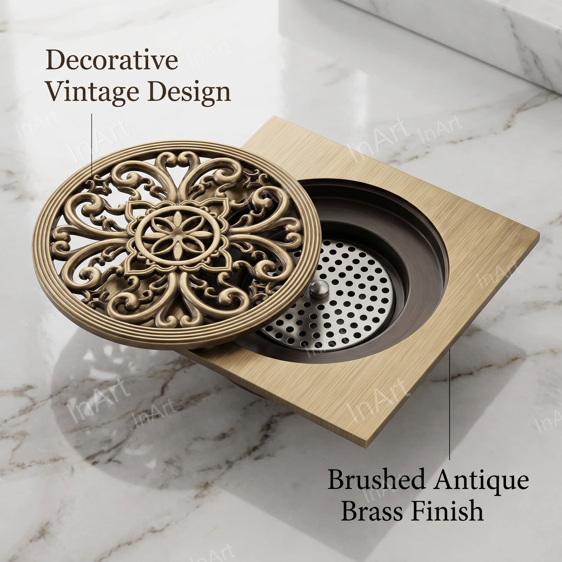 Installed-look square floor drain cover for washroom and shower wet area