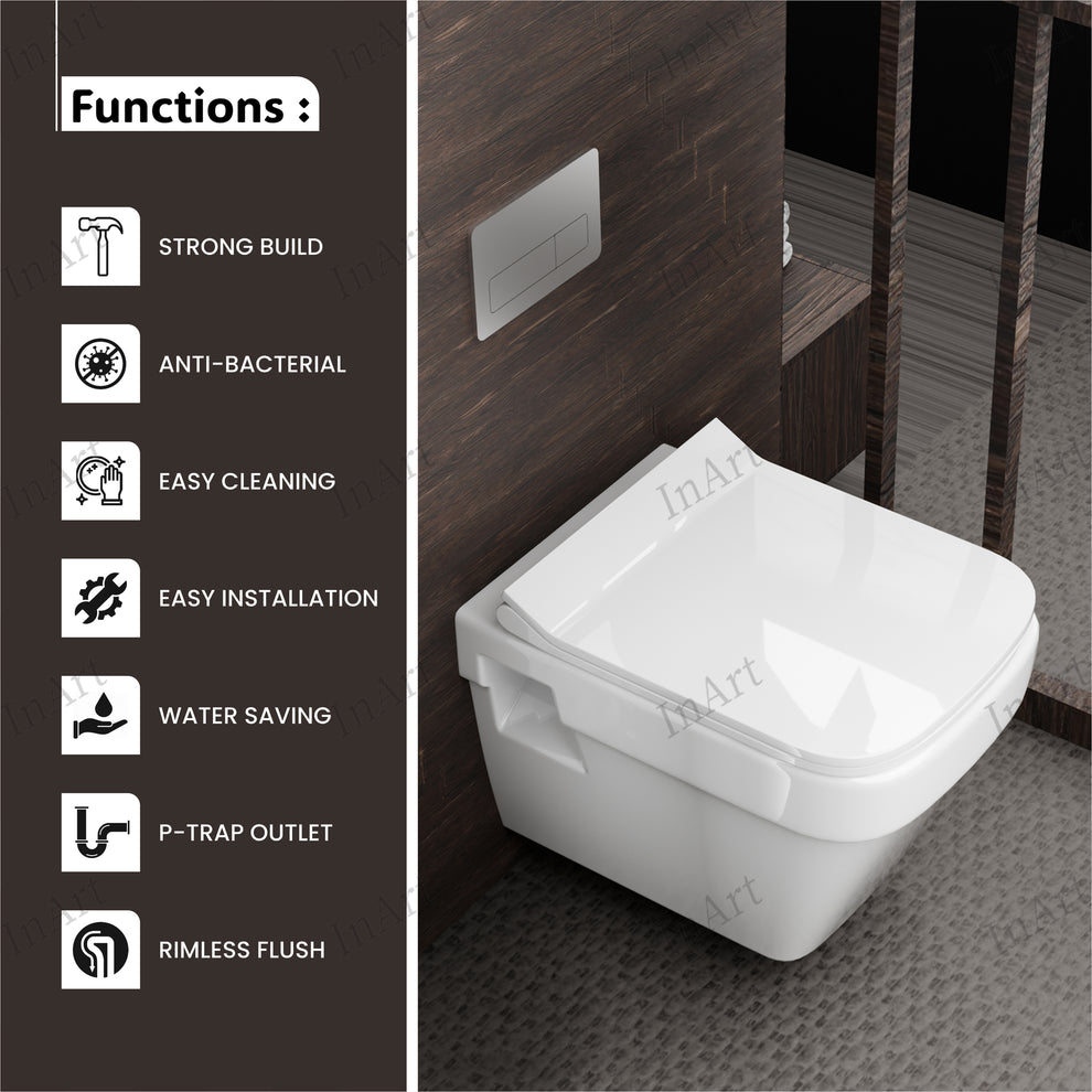 InArt® Rimless Ceramic Wall Hung Commode – White Glossy | Soft Close ...