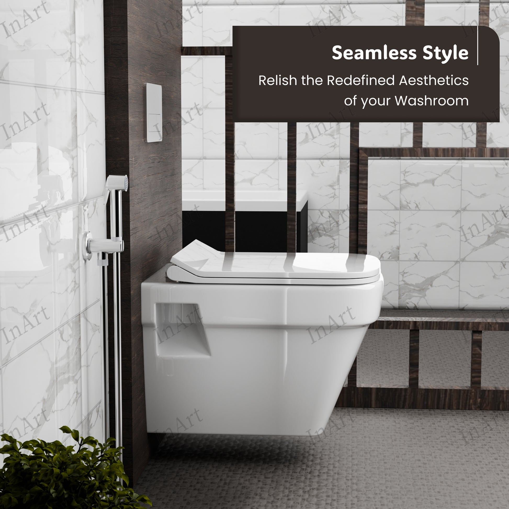 InArt white ceramic rimless wall hung commode - close-up detail of mounting and flush mechanism