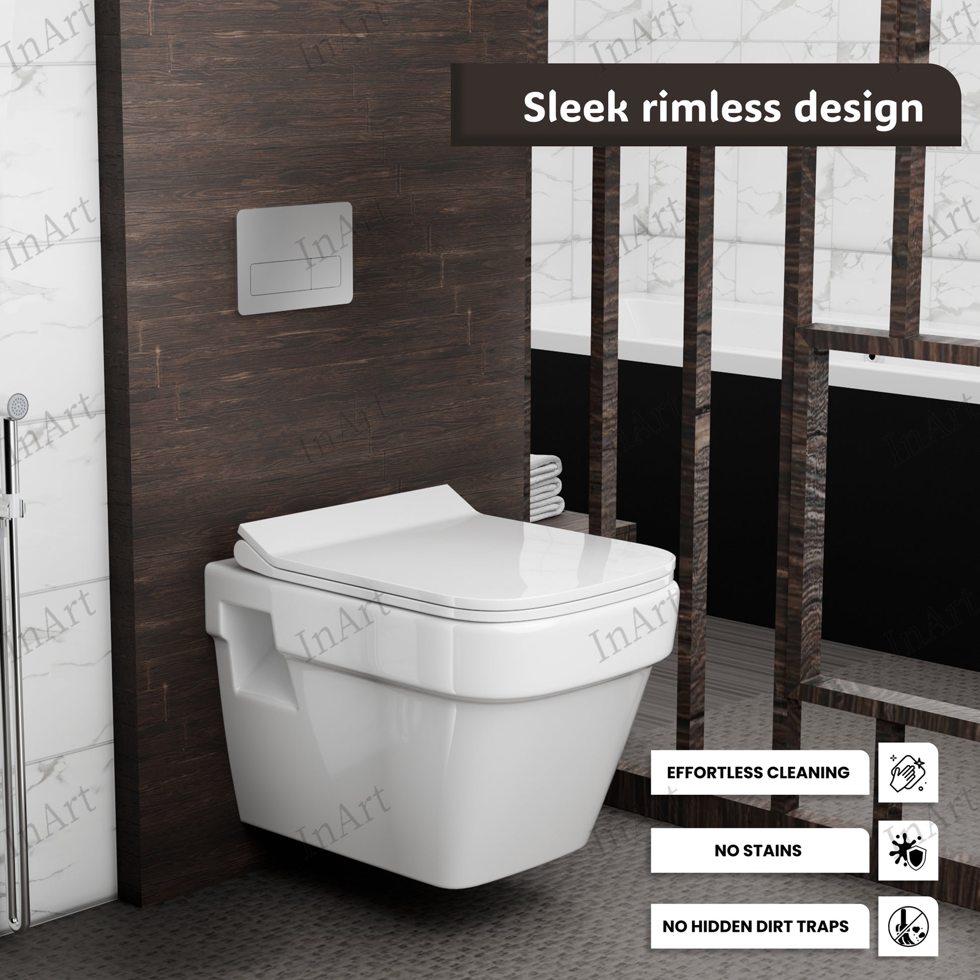 InArt white ceramic rimless wall hung commode - internal bowl design and mounting bracket assembly detail