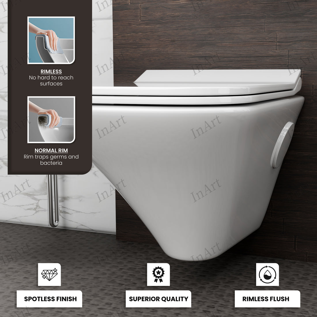 InArt® Ceramic Rimless Wall Hung Commode – White Glossy | Soft Close Seat Cover | Space Saving Wall Mounted Western Toilet WC for Bathroom – WH020