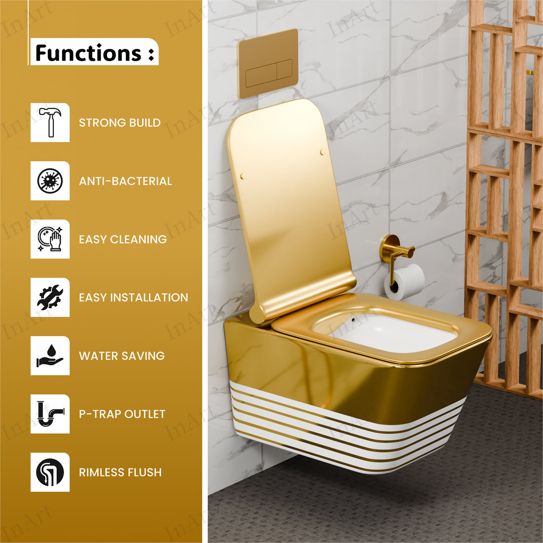 InArt Ceramic Rimless Wall Hung or Wall Mounted Water Closet Toilet with Soft Seat Cover Stripe Pattern White Gold Color DWH008