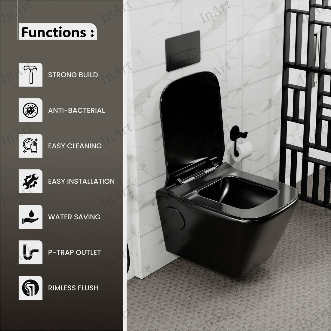 InArt® Rimless Ceramic Wall Hung Commode – Black Glossy Finish | Soft Close Seat Cover | P-Trap Outlet | WH018