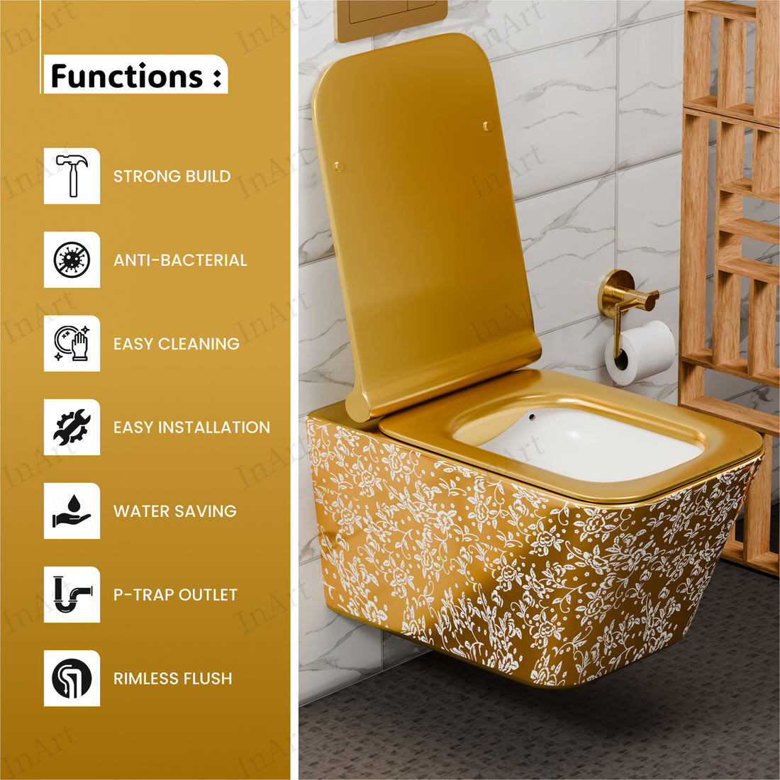 InArt Ceramic Rimless Wall Hung or Wall Mounted Water Closet Toilet with Soft Seat Cover White Gold Color DWH010