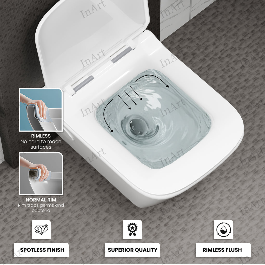 InArt Rimless Ceramic Wall-Hung Toilet - White, Soft Close Seat Cover, P Trap Outlet WH017