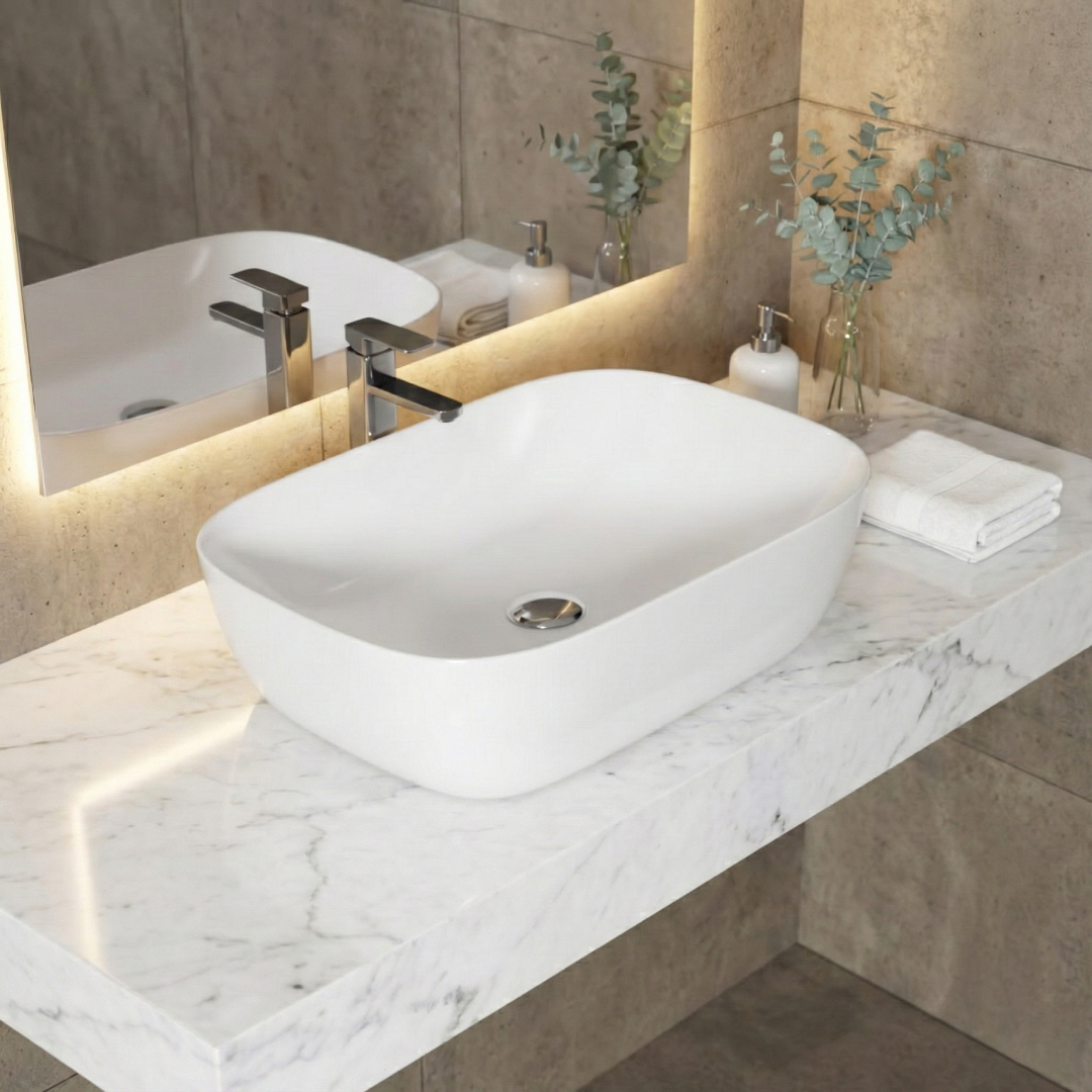 InArt white ceramic rectangular table top wash basin 46x33cm - front view with smooth finish