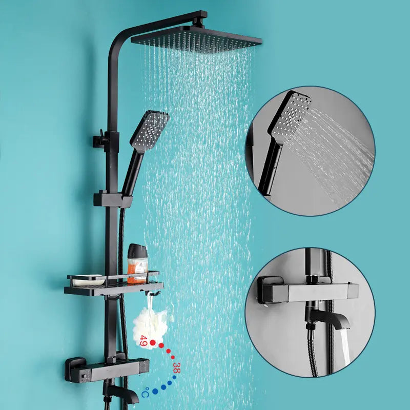 InArt Thermostatic Rainfall Shower Panel Faucets Set Wall Mounted Rain Shower Faucet with Rack Bath Wall Mixer Tap Hot Cold with Hand Shower Black Matt - InArt-Studio