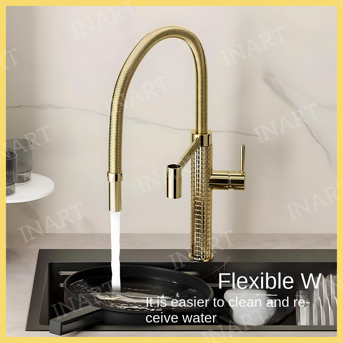 InArt Gold Brass High Arc Kitchen Faucet - Single Handle with Pull Down Sprayer and 360 Swivel - InArt-Studio