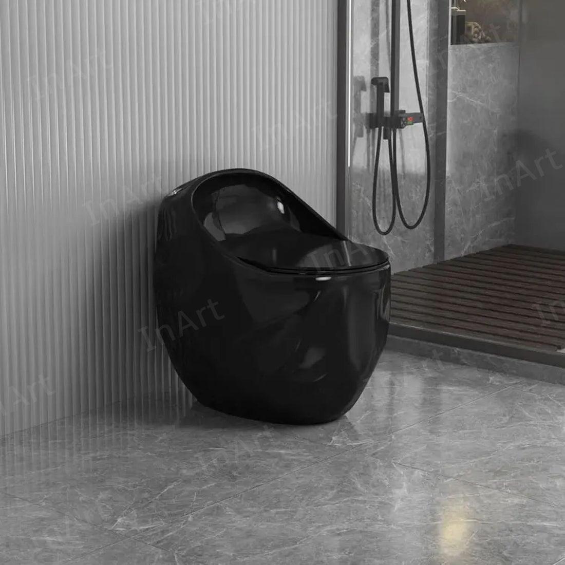 InArt Luxurious Black Glossy Ceramic Oval Toilet with Soft Close Seat - Durable, Siphon Flush, Easy Install - InArt-Studio