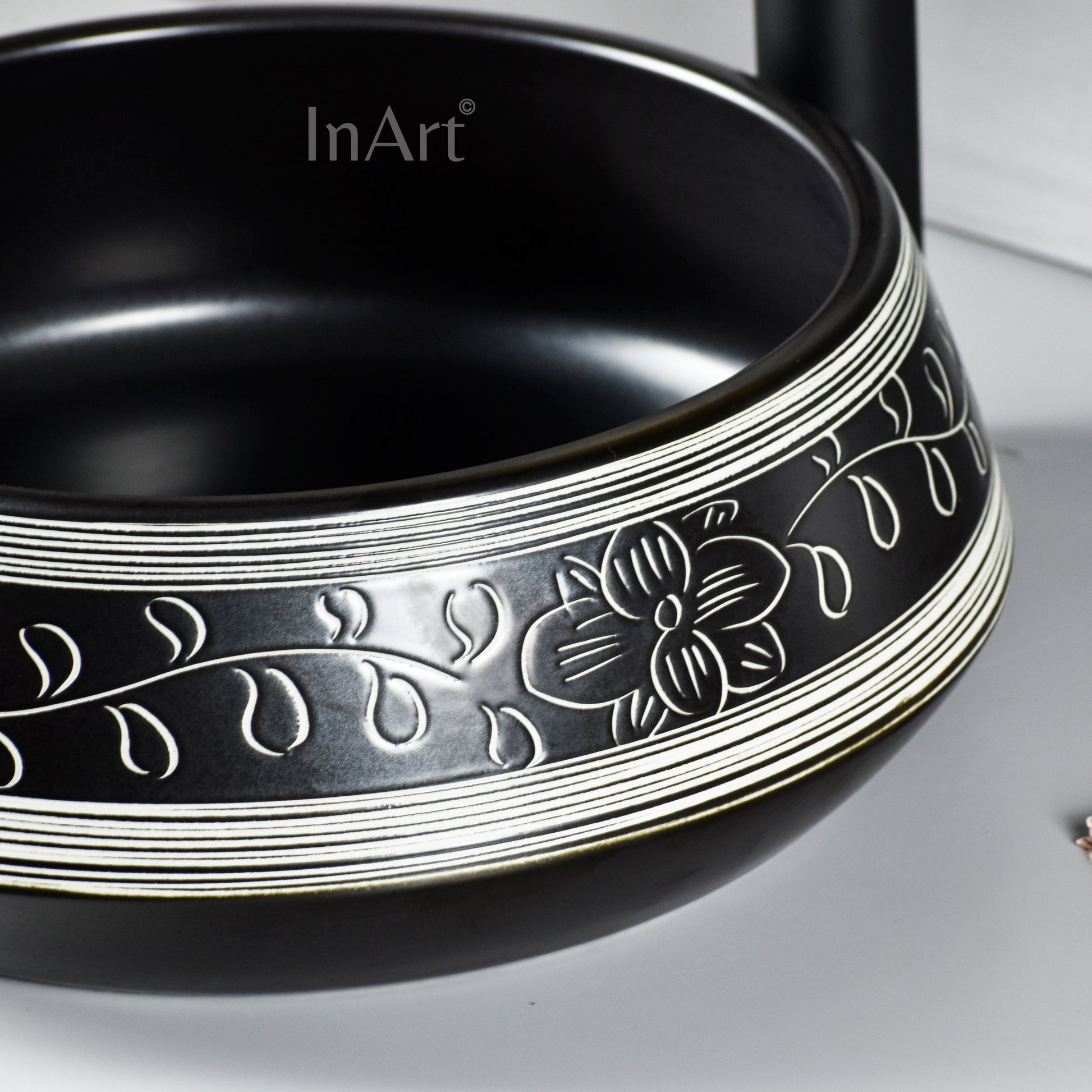 InArt Ceramic Counter or Table Top Wash Basin Black Matt Floral 42x42CM DW267 - InArt-Studio