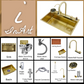 InArt Waterfall Kitchen Sink Nano Stainless Steel Single Bowl Brushed Gold Color 30x18 Inches With Pull-out and Waterfall Faucet, RO tap, Glass Rinser Washer, Drain Basket Handmade Multi-purpose Sink - InArt-Studio