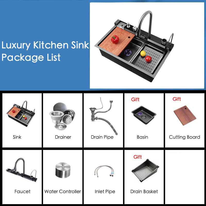 InArt Kitchen Sink with Digital Display Waterfall, Shower, and Pull-down Faucet Set - 304 Grade Stainless Steel Sink with RO Tap, Cup Washer, Soap Dispenser, Drain Baskets - 30x18x9 inch, Nano Coating - SKS059 - InArt-Studio