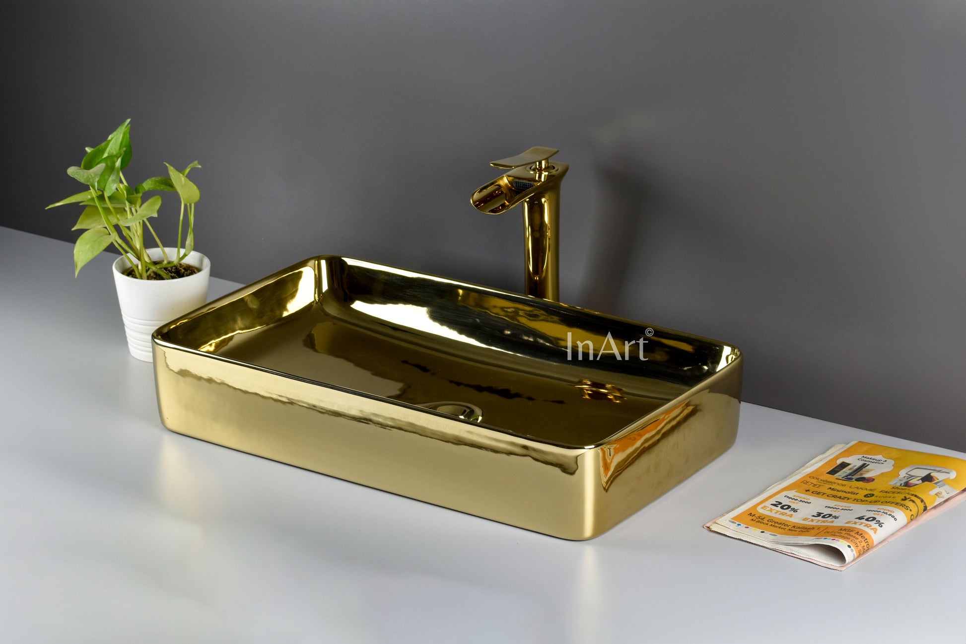 InArt Wash Basin Designer Counter Top Bathroom Sink - Vanity Wash Basin for Bathroom, Table Top Wash Basin 62 x 35 x 12 cm Gold DW273 - InArt-Studio