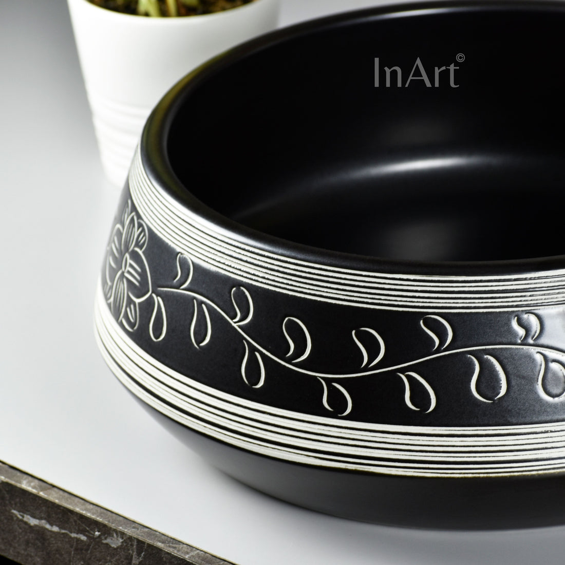 InArt Ceramic Counter or Table Top Wash Basin Black Matt Floral 42x42CM DW267 - InArt-Studio