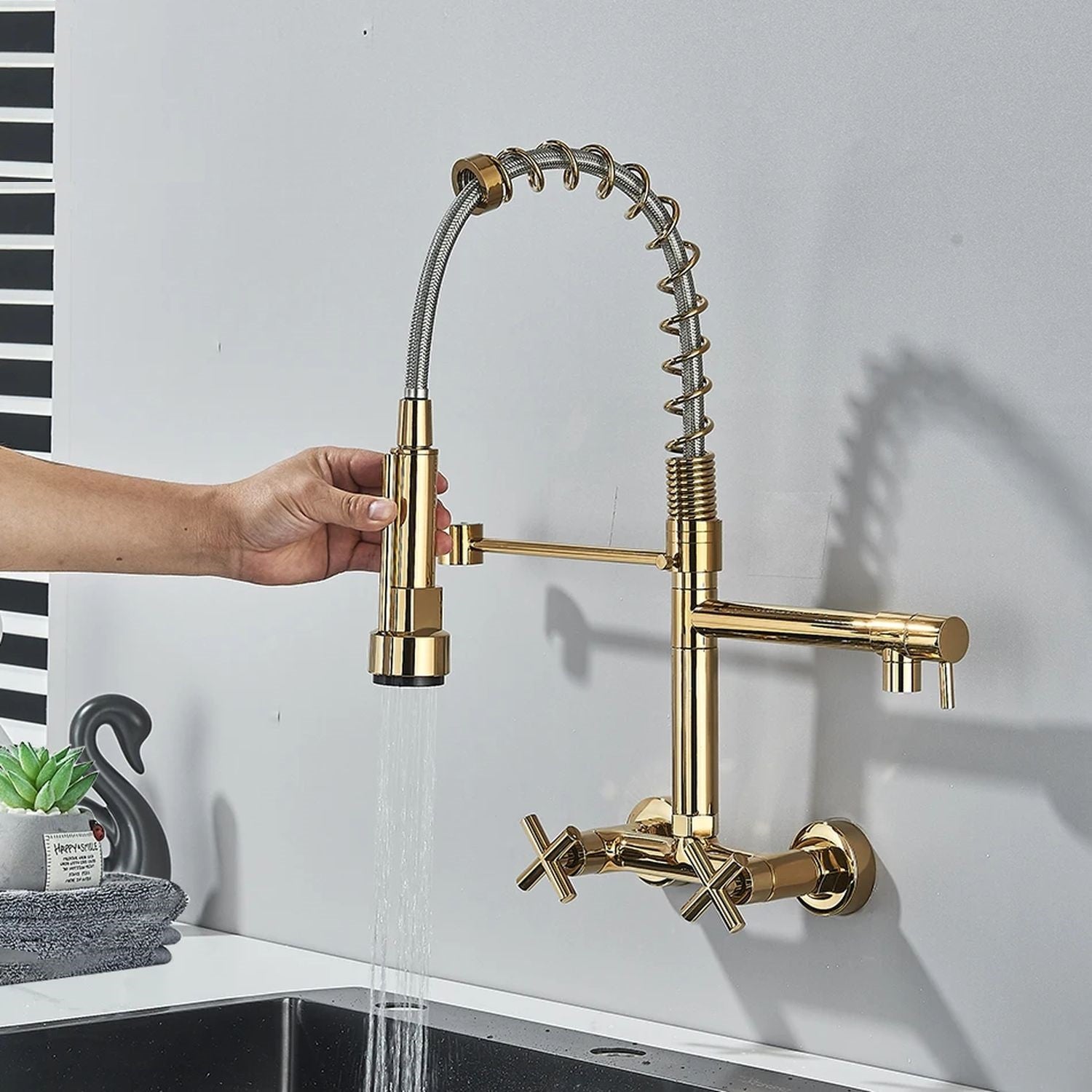 InArt Elite Luxury Kitchen Sink Tap | Wall-Mounted, 360° Pull-Down Sprayer, Gold Finish | Multi-Function Spray Head with Hot & Cold Functionality - InArt-Studio