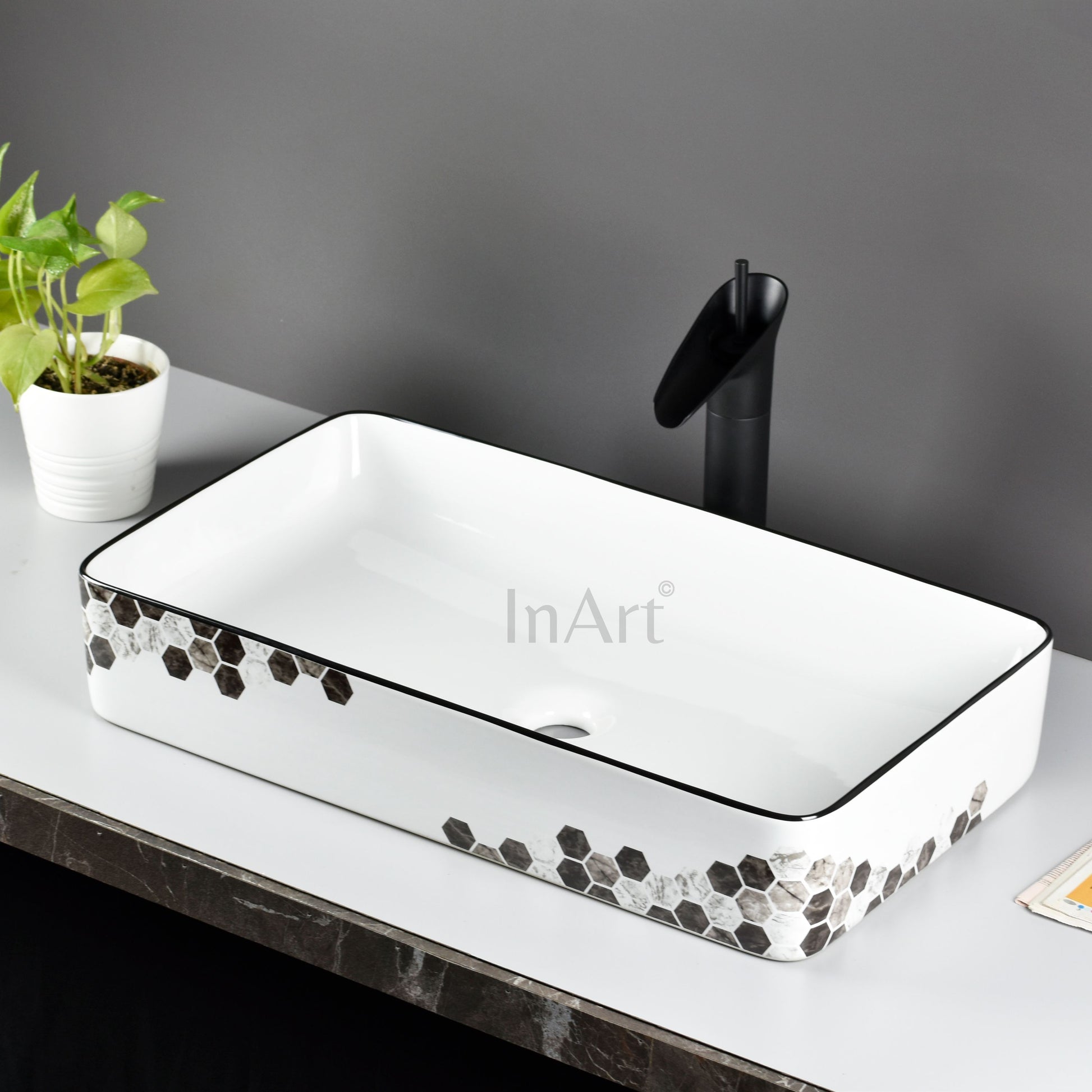 InArt Wash Basin Designer Counter Top Bathroom Sink - Vanity Wash Basin for Bathroom, Table Top Wash Basin 62 x 35 x 12 cm Black White DW270 - InArt-Studio