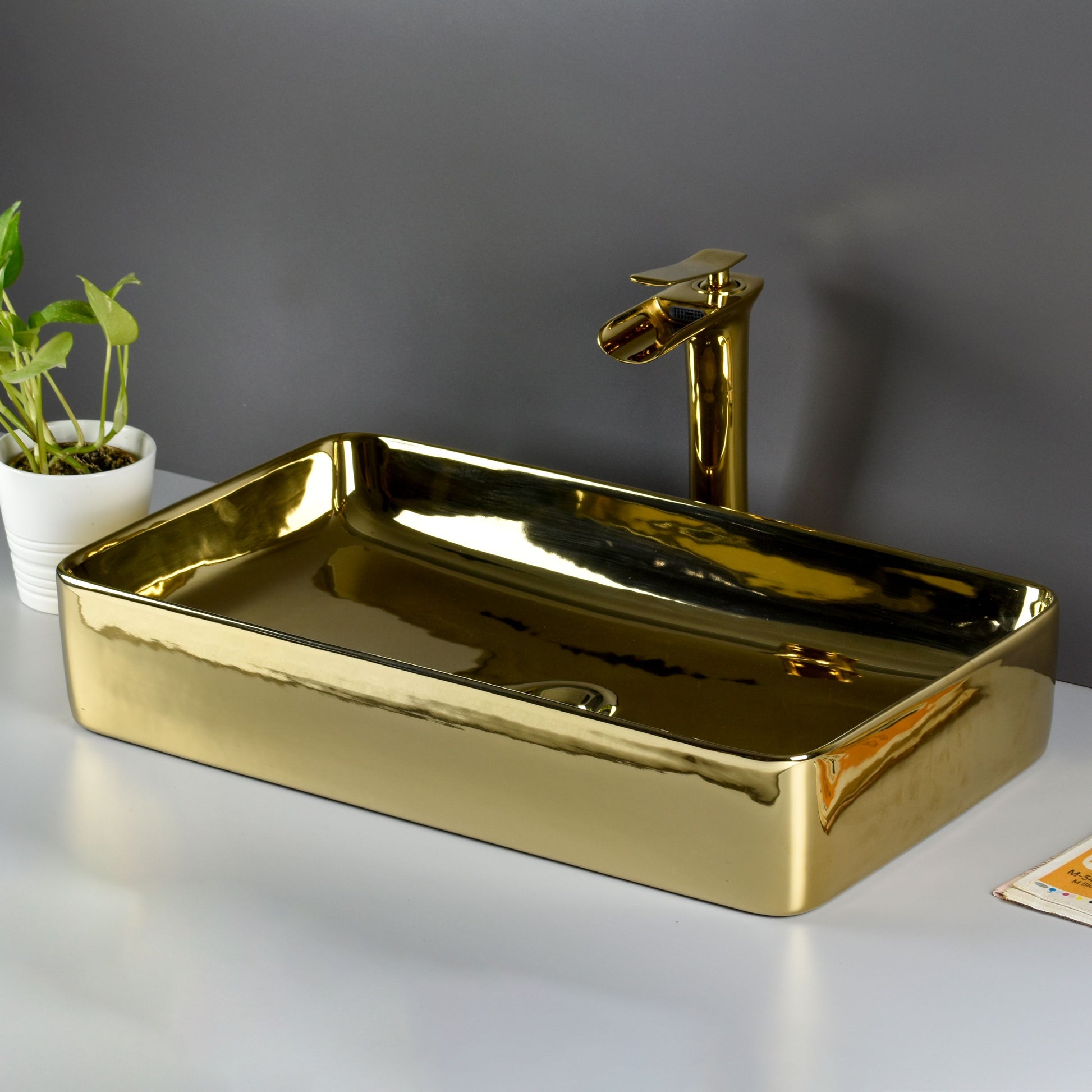InArt Wash Basin Designer Counter Top Bathroom Sink - Vanity Wash Basin for Bathroom, Table Top Wash Basin 62 x 35 x 12 cm Gold DW273 - InArt-Studio