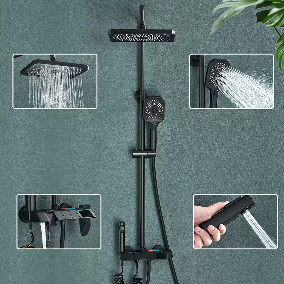 InArt brass black thermostatic LED rainfall shower panel with wall-mounted faucet set - full front view