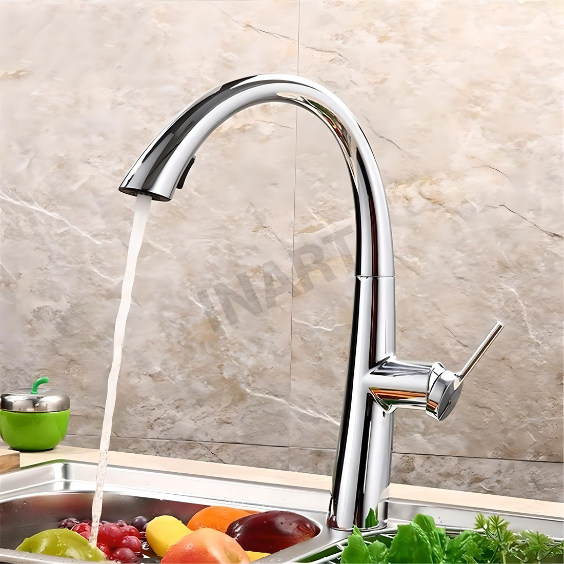 InArt Chrome High Arc Kitchen Faucet - Single Handle with 360 Swivel and Pull Down Sprayer - InArt-Studio