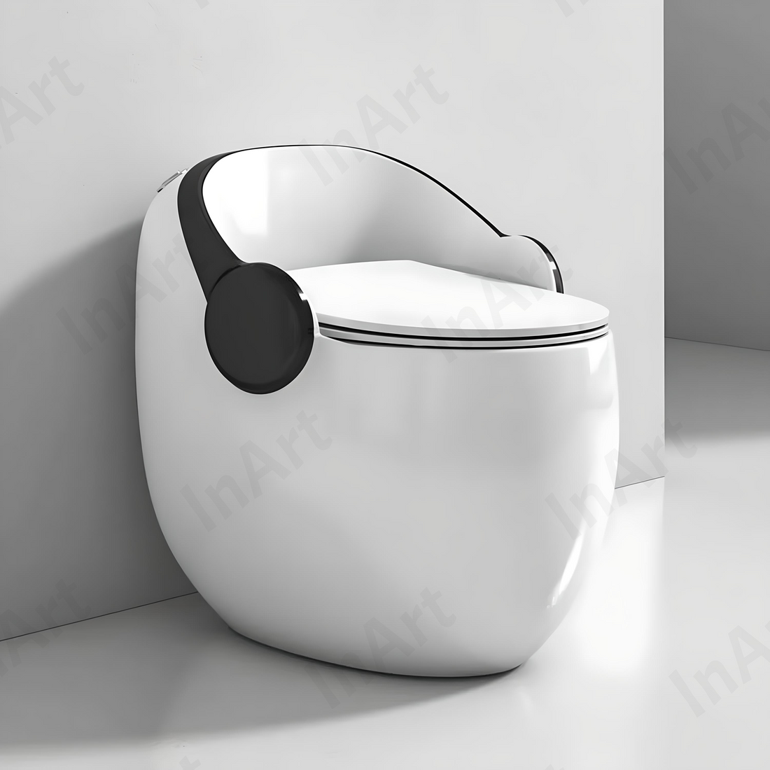 InArt Ceramic Commode, Egg Shape, 660x515x615mm, Floor Mounted, Soft Close Seat, White & Black Glossy - InArt-Studio