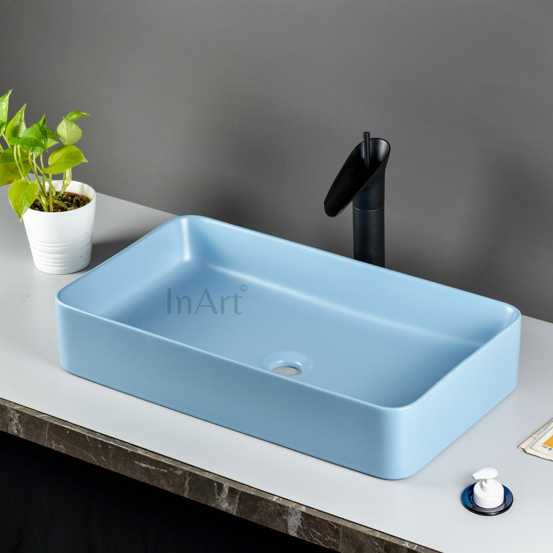 InArt Wash Basin Designer Counter Top Bathroom Sink - Vanity Wash Basin for Bathroom, Table Top Wash Basin 62 x 35 x 12 cm Matt Blue DW272 - InArt-Studio
