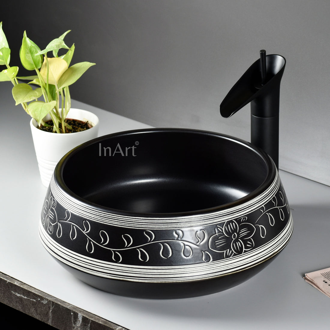 InArt Ceramic Counter or Table Top Wash Basin Black Matt Floral 42x42CM DW267 - InArt-Studio