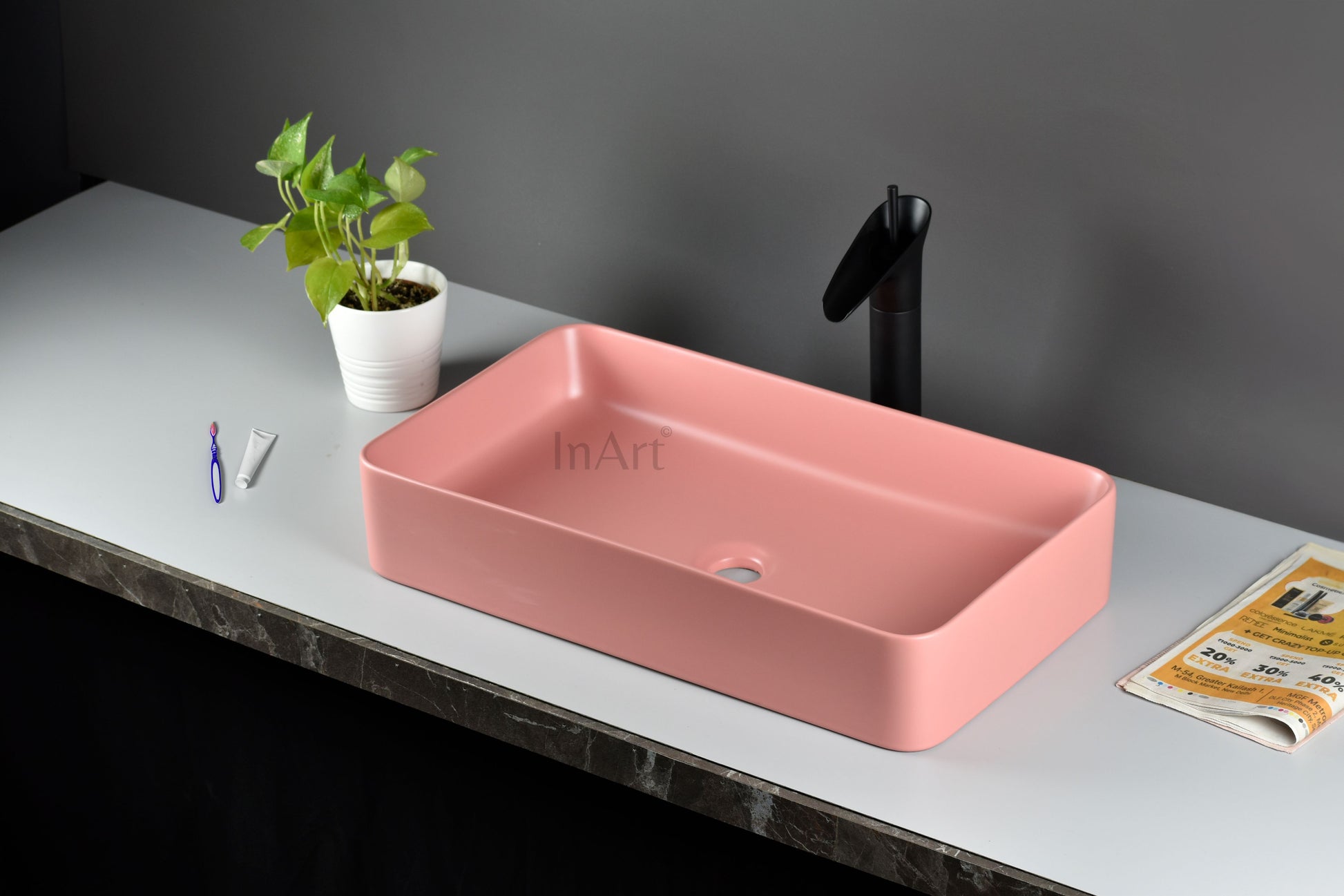 InArt Wash Basin Designer Counter Top Bathroom Sink - Vanity Wash Basin for Bathroom, Table Top Wash Basin 62 x 35 x 12 cm Matt Pink DW271 - InArt-Studio