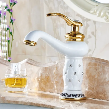 InArt Gold Finish Basin Pillar Cock Tap - Hot & Cold Mixer, Single Handle, Waterfall Design, Deck Mount BF013