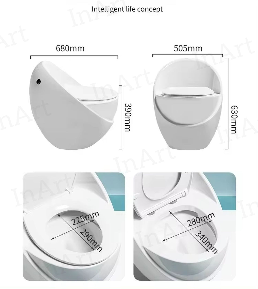 InArt Siphon Jet Egg-Shaped Modern One-Piece Toilet, Ceramic with Soft Close Seat, Glossy White - 67x50.5x63 cm - InArt-Studio