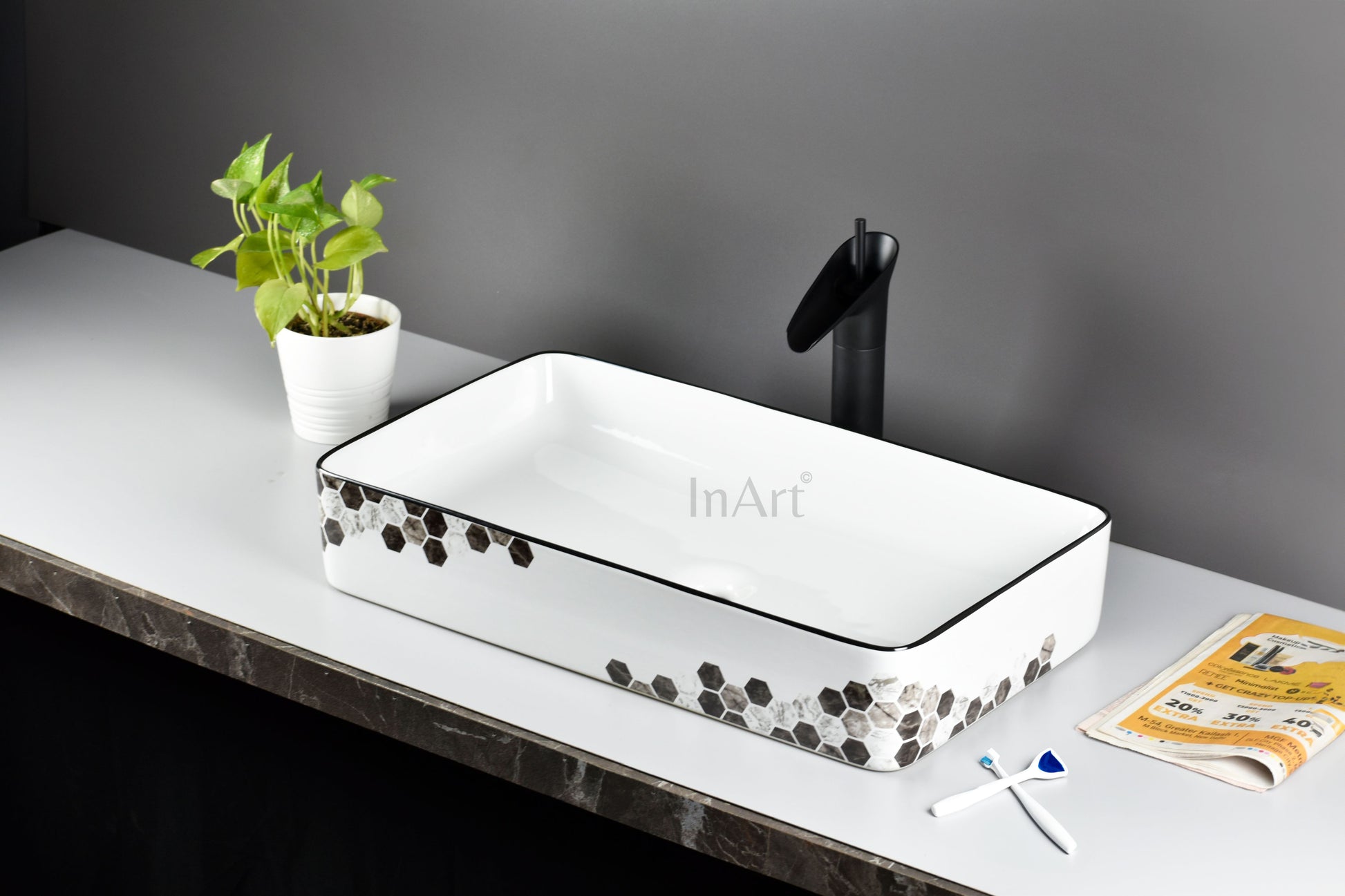 InArt Wash Basin Designer Counter Top Bathroom Sink - Vanity Wash Basin for Bathroom, Table Top Wash Basin 62 x 35 x 12 cm Black White DW270 - InArt-Studio