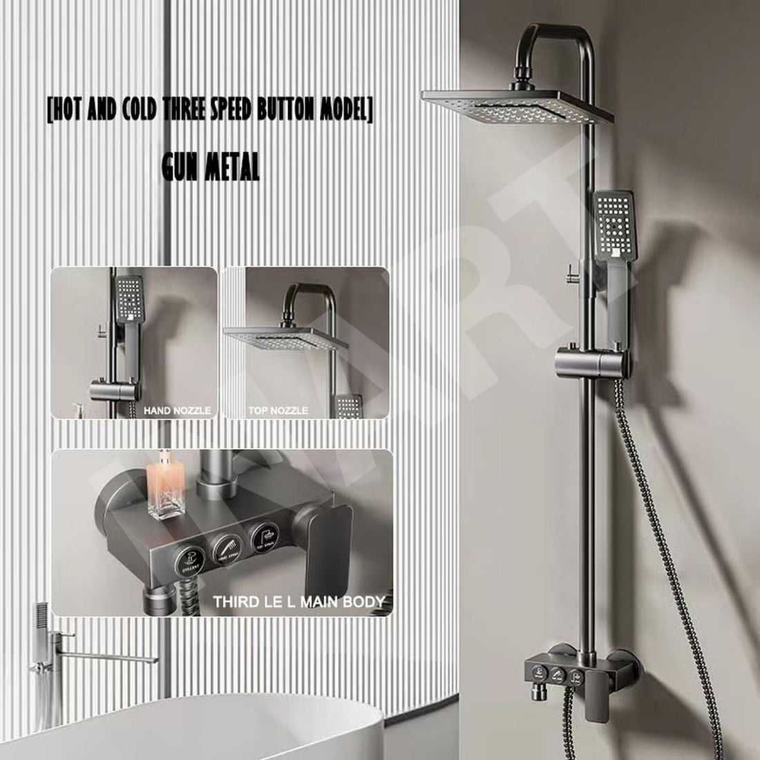 Inart Luxury Shower Panel with 3 in 1 Wall Mixer - Single Lever, Hand Shower, and Overhead Square Shower System in Elegant Black Finish - InArt-Studio