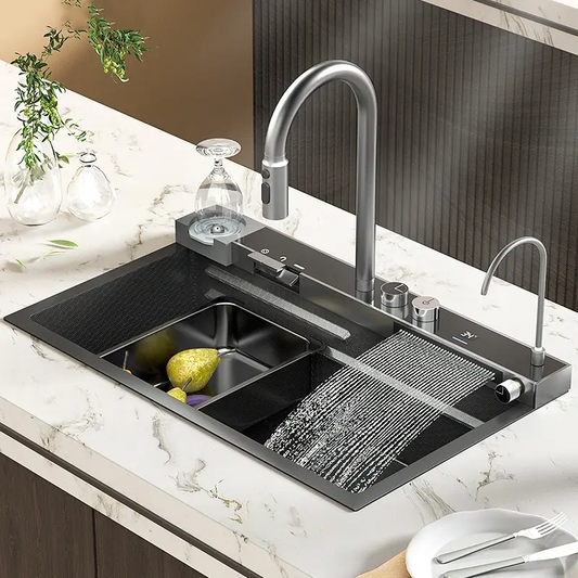 Latest Sink for kitchen InArt Kitchen Sink with Digital Display Integrated Waterfall and Pull-down Faucet Set 304 Grade Stainless Steel Sink with RO Tap, Cup washer and Drain Baskets 30x18x9 inch, Nano Coating - InArt-Studio