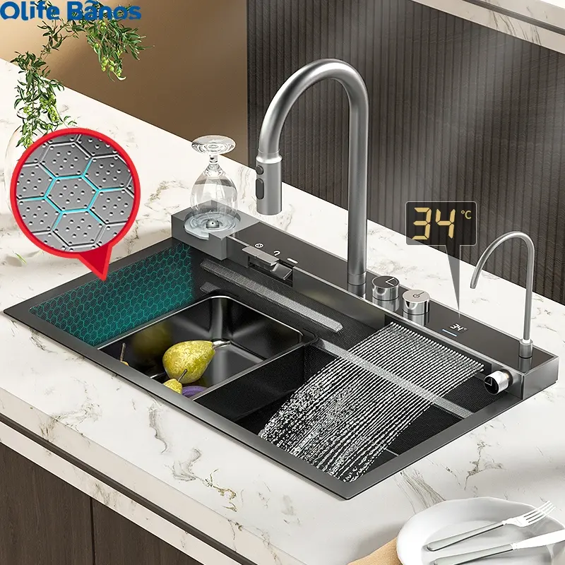 InArt Kitchen Sink with Digital Display Integrated Waterfall and Pull-down Faucet Set 304 Grade Stainless Steel Sink with RO Tap, Cup washer and Drain Baskets 30x18x9 inch, Nano Coating - InArt-Studio