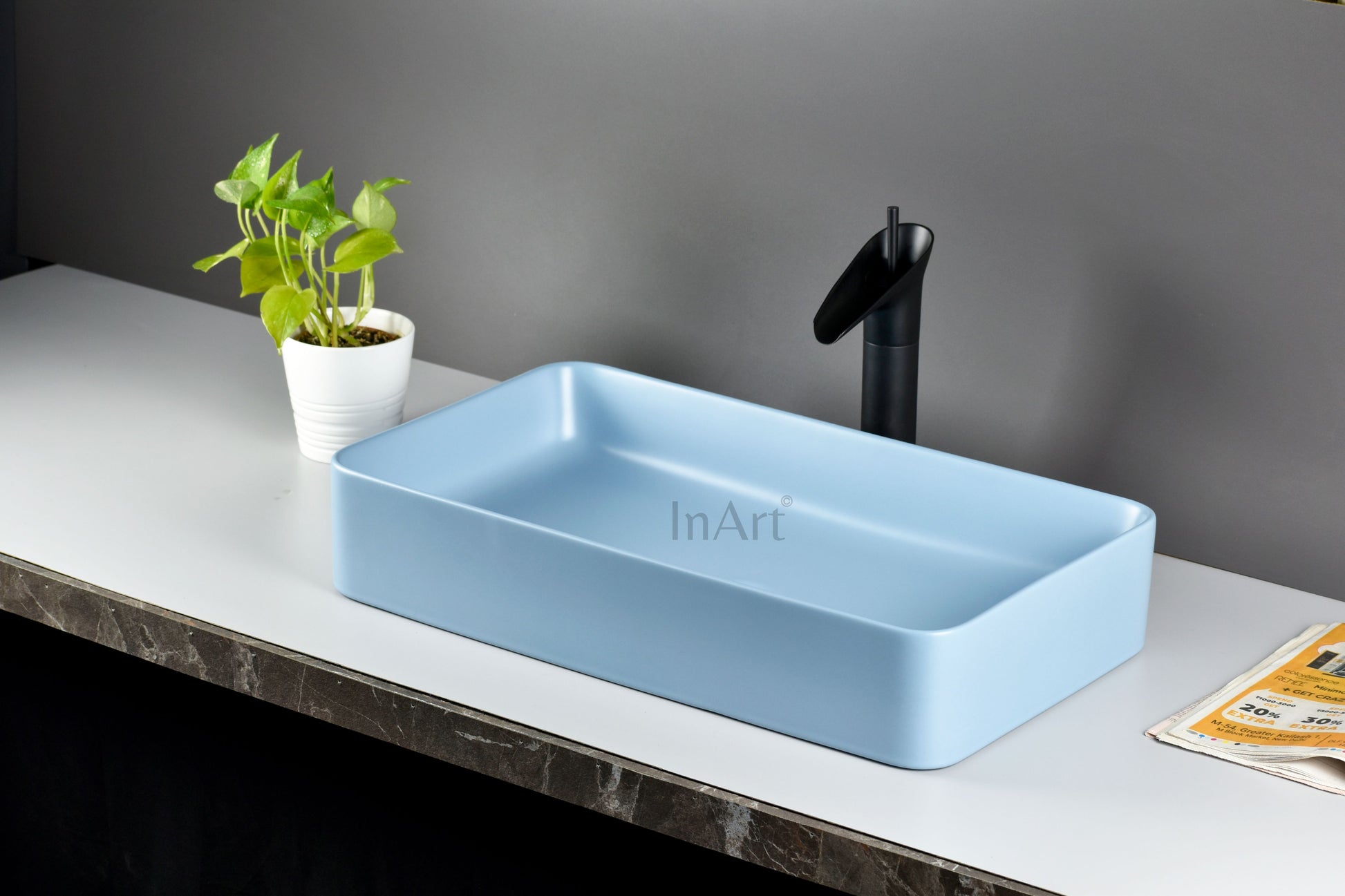 InArt Wash Basin Designer Counter Top Bathroom Sink - Vanity Wash Basin for Bathroom, Table Top Wash Basin 62 x 35 x 12 cm Matt Blue DW272 - InArt-Studio