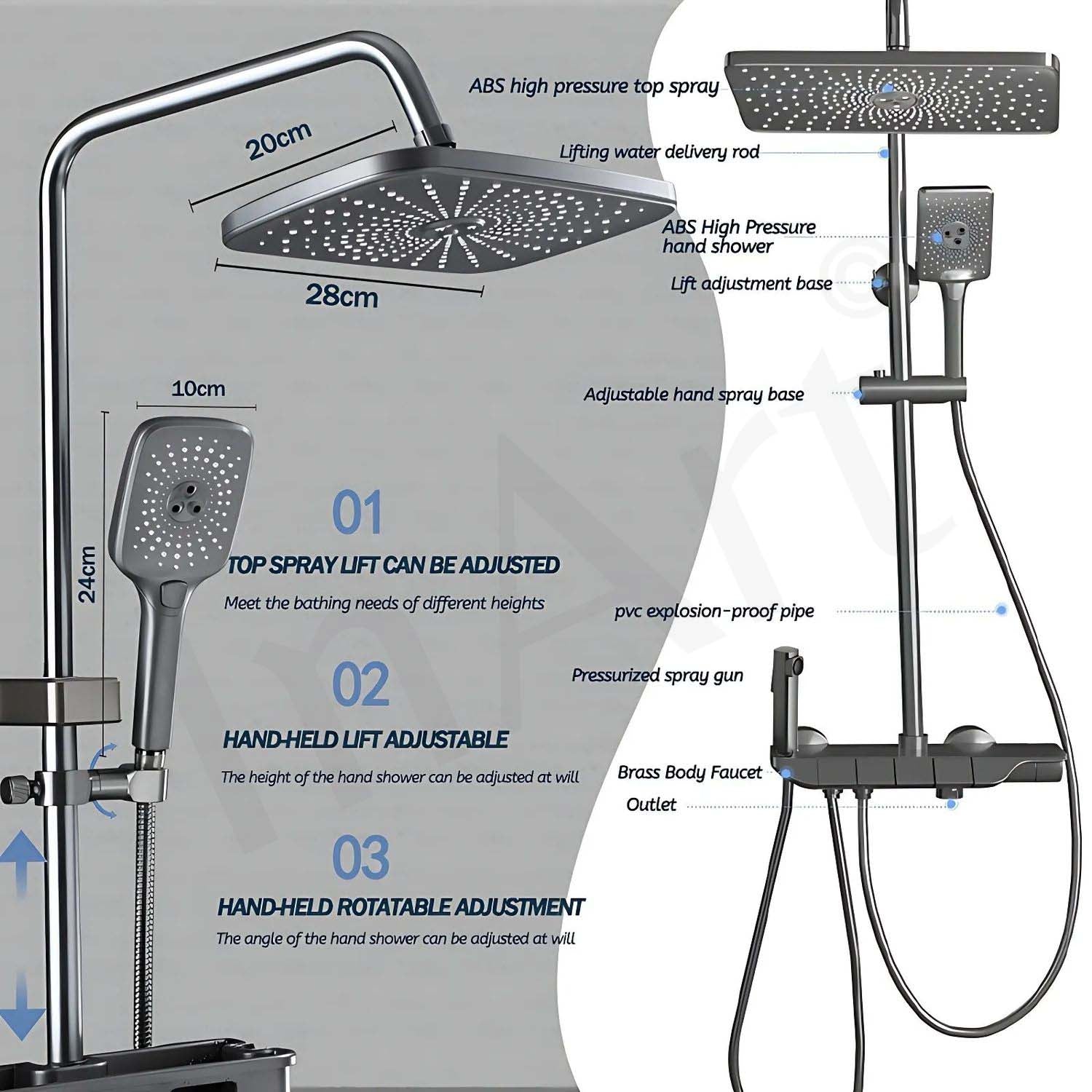 InArt Gun Grey Stainless Steel Shower Panel Set with Single Lever Mixer - Includes Rainfall & Waterfall Overhead, Handheld Shower, Health Faucet & Accessories - InArt-Studio