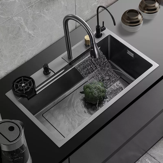 InArt Waterfall Kitchen Sink - Stainless Steel, Single Bowl, Black Color, 30x18 Inches, Pull-out and Waterfall Faucet, RO tap, Cup washer, Drain Basket SKS060 - InArt-Studio