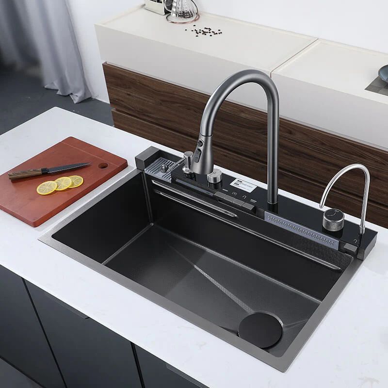 InArt Kitchen Sink with Digital Display Waterfall, Shower, and Pull-down Faucet Set - 304 Grade Stainless Steel Sink with RO Tap, Cup Washer, Soap Dispenser, Drain Baskets - 30x18x9 inch, Nano Coating - SKS059 - InArt-Studio