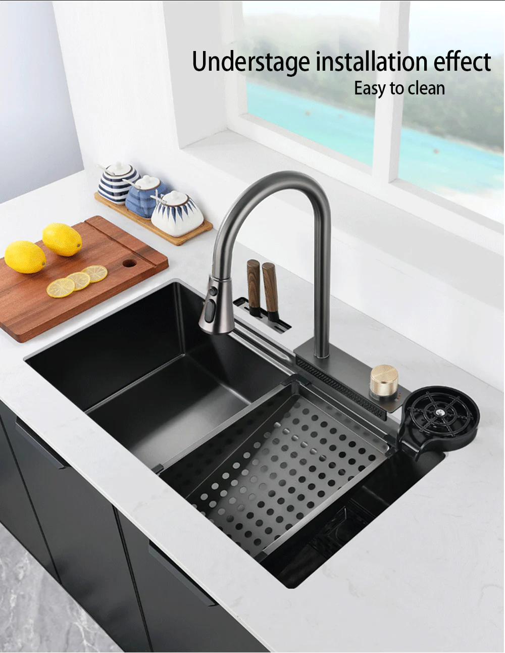 InArt Nano 304 Stainless Steel Single Bowl Handmade Black Color Waterfall Kitchen Sink 30x18 Inches With Faucet Knife Holder Drain Basket - InArt-Studio
