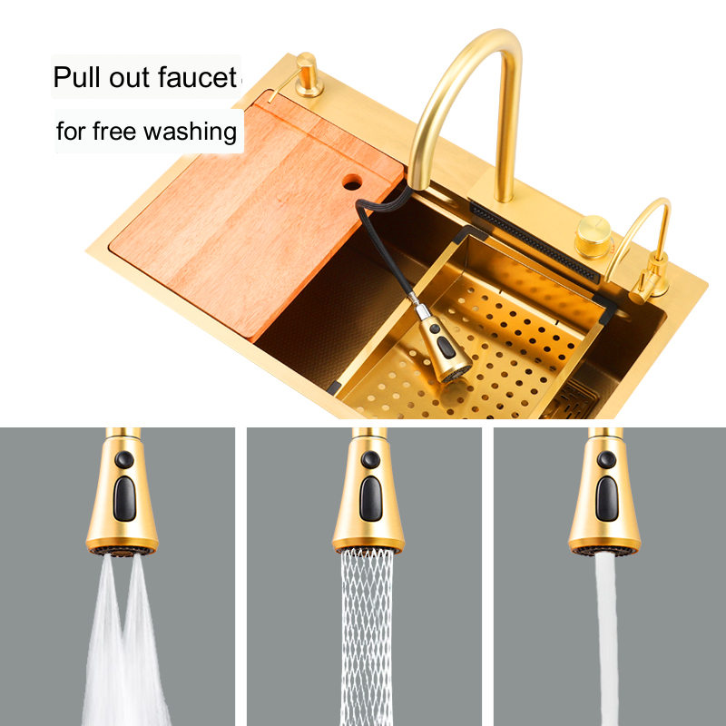 InArt Waterfall Kitchen Sink Nano Stainless Steel Single Bowl Brushed Gold Color 30x18 Inches With Pull-out and Waterfall Faucet, RO tap, Glass Rinser Washer, Drain Basket Handmade Multi-purpose Sink - InArt-Studio