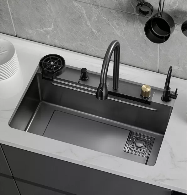 InArt Waterfall Kitchen Sink - Stainless Steel, Single Bowl, Black Color, 30x18 Inches, Pull-out and Waterfall Faucet, RO tap, Cup washer, Drain Basket SKS060 - InArt-Studio