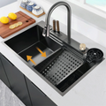 Latest Sink for kitchen InArt Nano 304 Stainless Steel Single Bowl Handmade Black Color Waterfall Kitchen Sink 30x18 Inches With Faucet Knife Holder Drain Basket - InArt-Studio