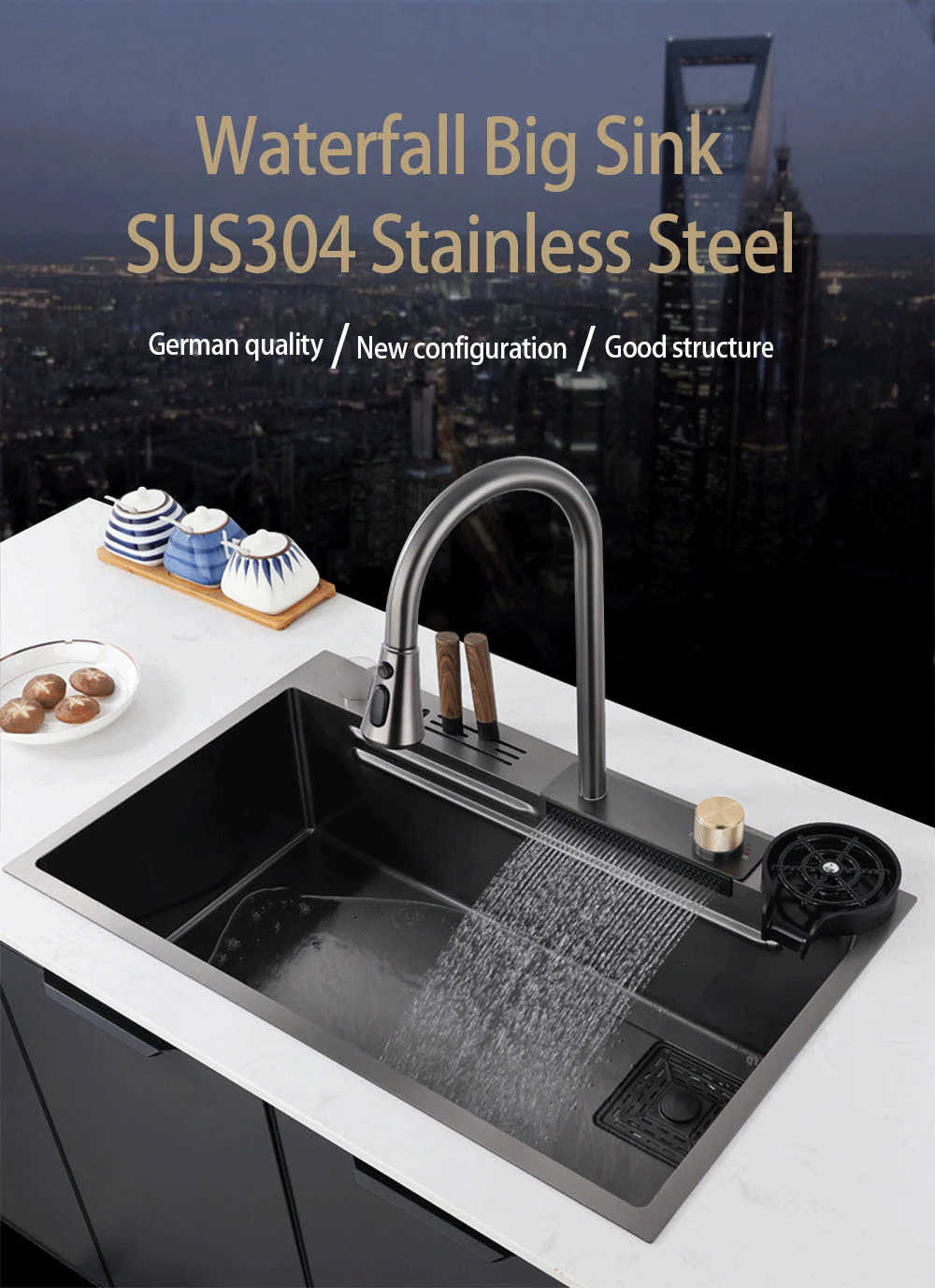 InArt Nano 304 Stainless Steel Single Bowl Handmade Black Color Waterfall Kitchen Sink 30x18 Inches With Faucet Knife Holder Drain Basket - InArt-Studio