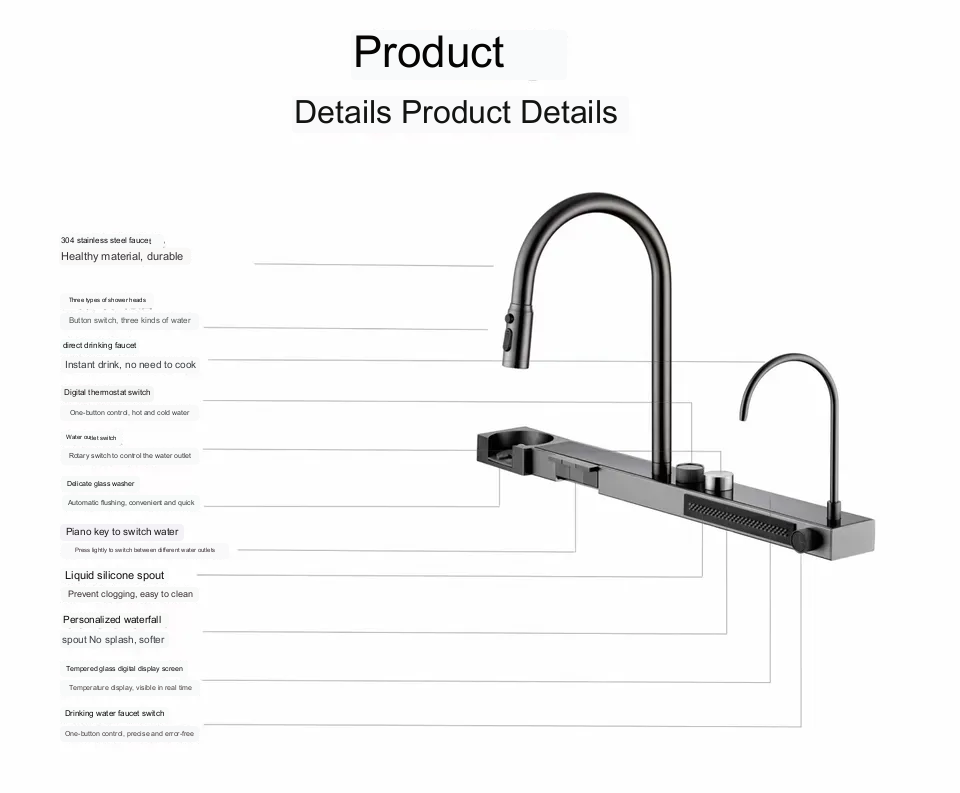 InArt Kitchen Sink with Digital Display Integrated Waterfall and Pull-down Faucet Set 304 Grade Stainless Steel Sink with RO Tap, Cup washer and Drain Baskets 30x18x9 inch, Nano Coating - InArt-Studio