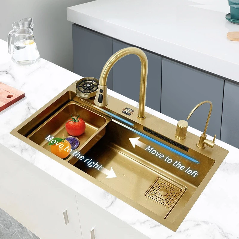 Latest Sink for kitchen InArt Waterfall Kitchen Sink Nano Stainless Steel Single Bowl Brushed Gold Color 30x18 Inches With Pull-out and Waterfall Faucet, RO tap, Glass Rinser Washer, Drain Basket Handmade Multi-purpose Sink - InArt-Studio
